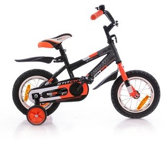 Двухколёсный велосипед Azimut 14" Stitch + ручка, черно-серо-оранжевый