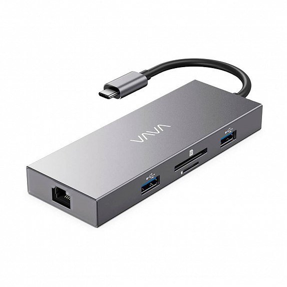Акція на Vava Adapter USB-C to 3xUSB+USB-C+RJ45+micro SD+SD+HDMI 100W Grey (VA-UC008GR) від Y.UA
