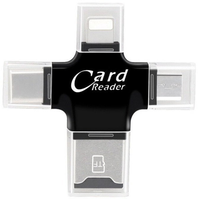 Budi Adapter 4 in 1 Tf Card Reader with Lightning/USB/Micro USB/USB-C Black