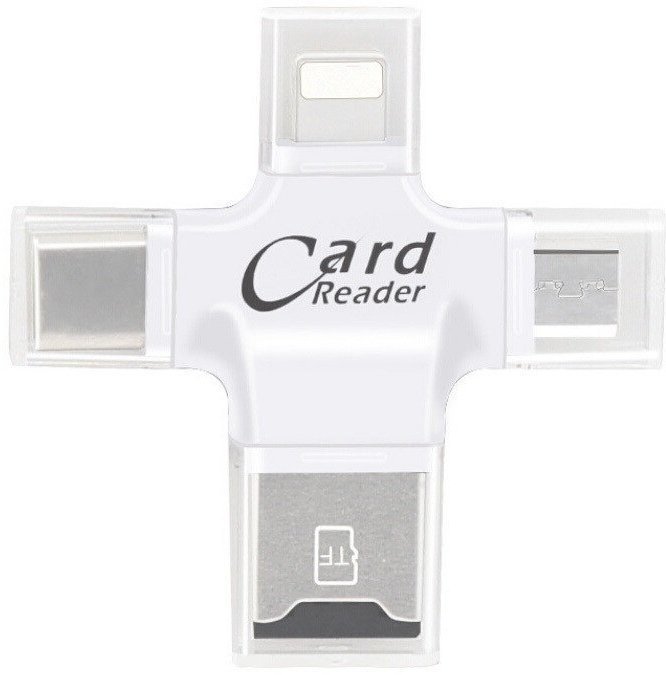 Budi Adapter 4 in 1 Tf Card Reader with Lightning/USB/Micro USB/USB-C White